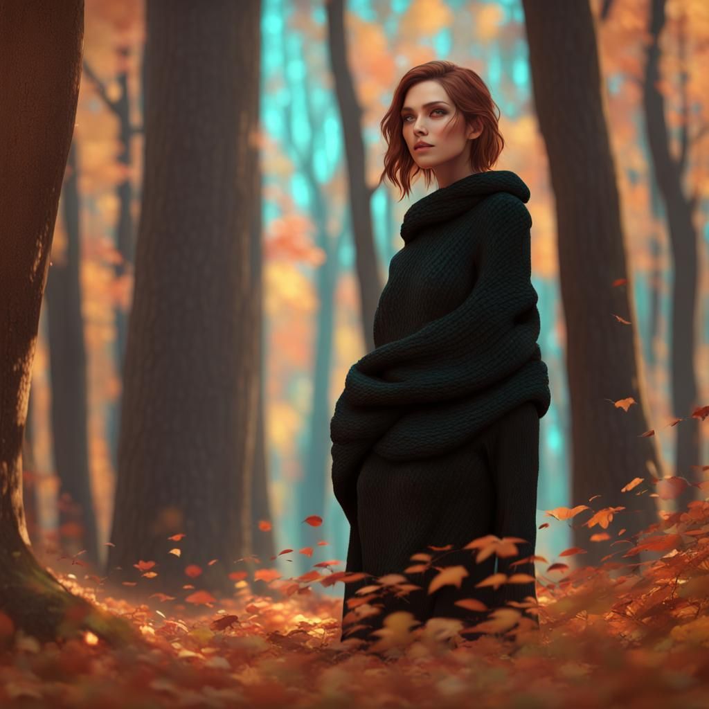 Woman in Autumn Forest, Hyperdetailed Digital Art