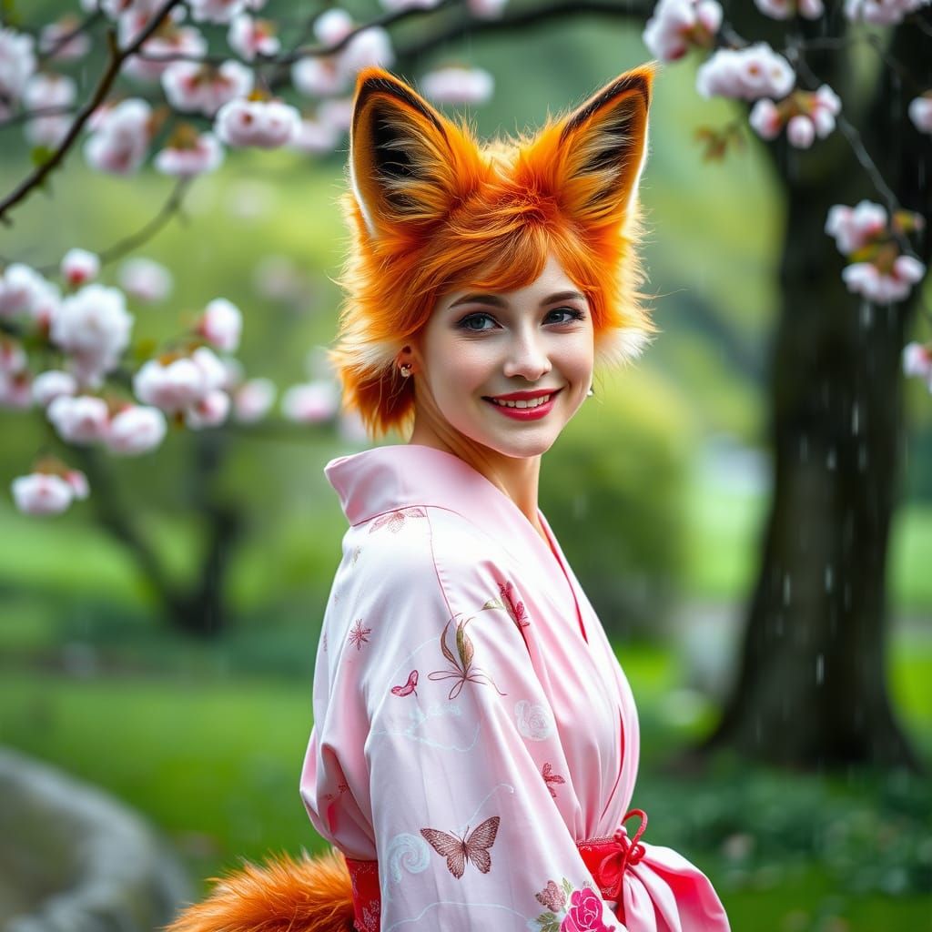 Whimsical Fox Woman in Springtime Bloom
