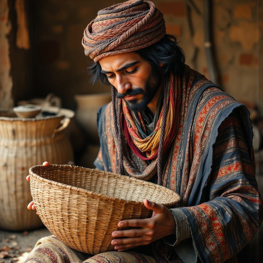 Kurdish Basket Weaver in Oil Painting Style