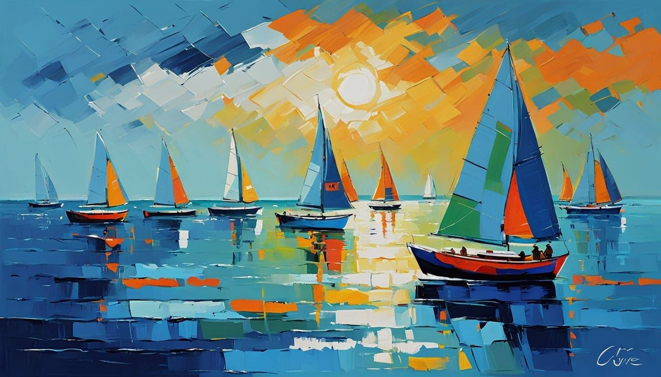 Acrylic Seascape Painting with Colorful Sailboats on Open Se...