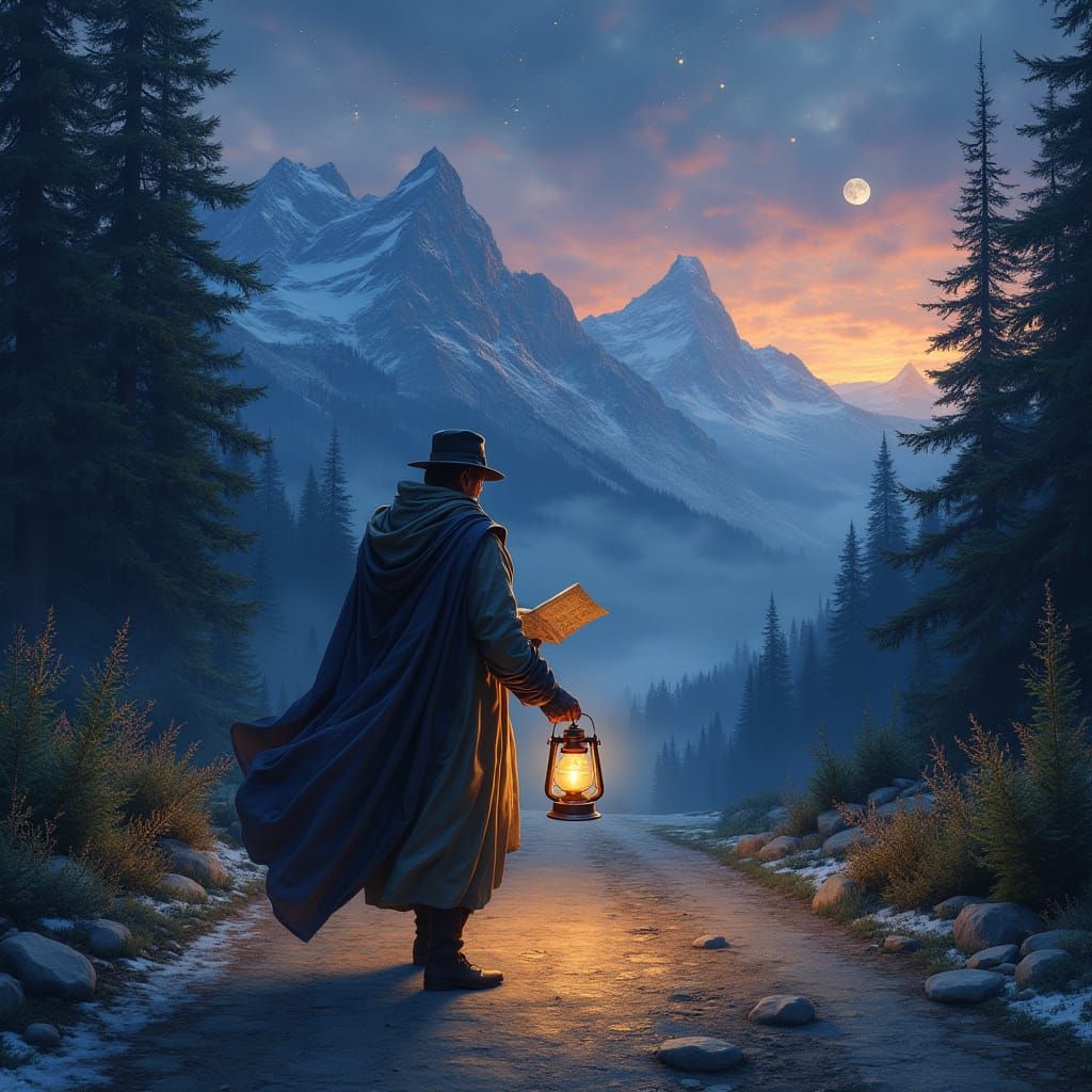 Mystic Traveler Illuminates Ancient Map under Starry Twiligh...