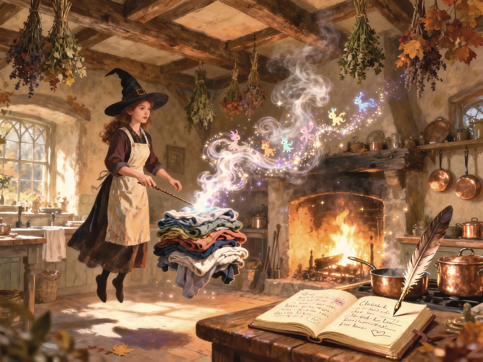 A spacious, rustic kitchen with exposed wooden beams and bun...