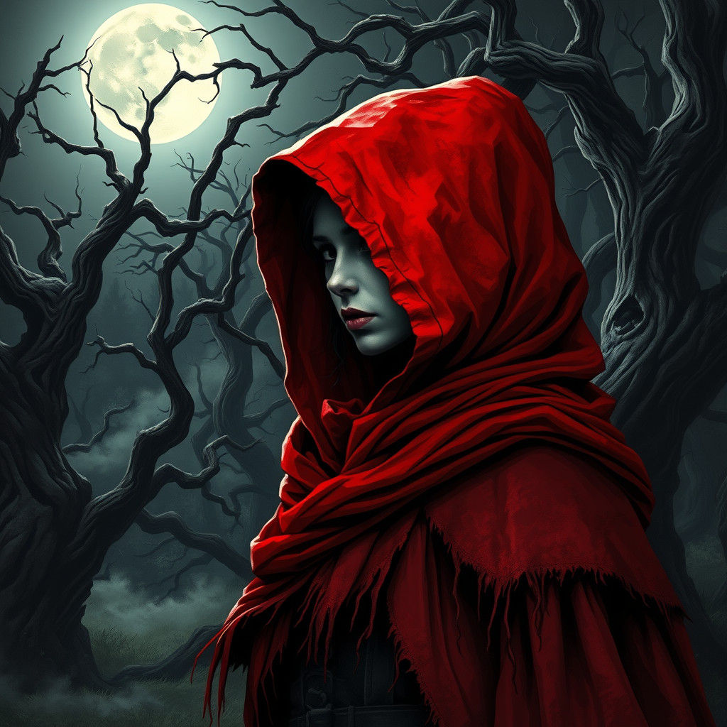 Ominous Red Riding Hood in Gothic Forest