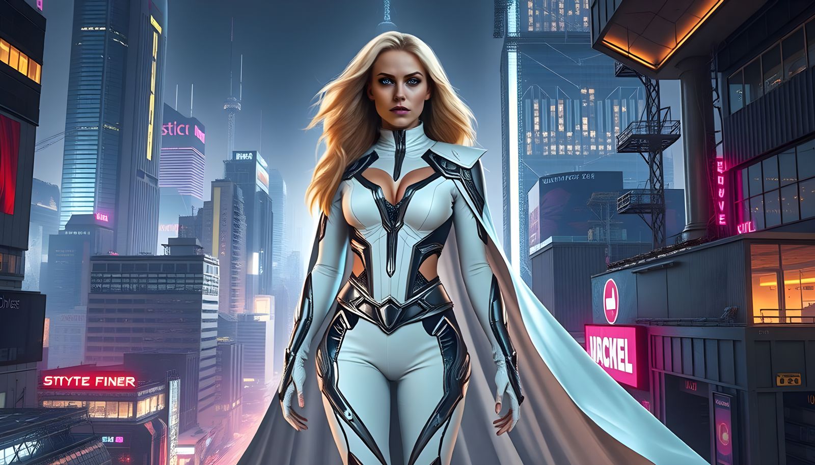 Emma Frost in Cyberpunk Metropolis, Hyperrealistic 8K