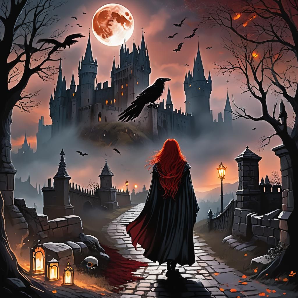 Gothic Woman on Mystical Path to Castle