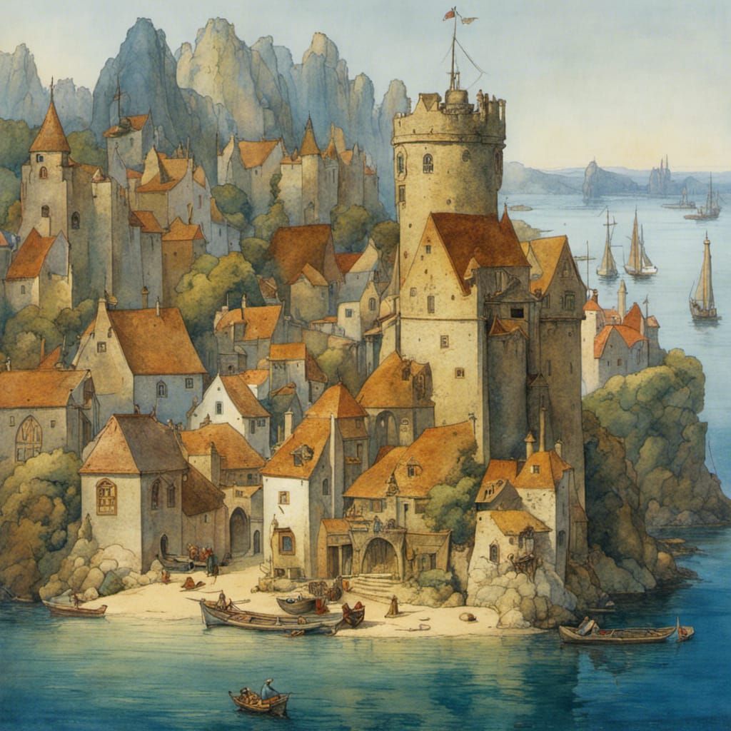 Medieval Port Town on Island, Watercolour Illustration