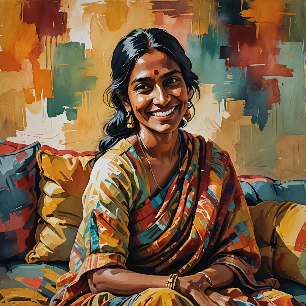 Impressionist Portrait of Young Indian Woman in Gouache