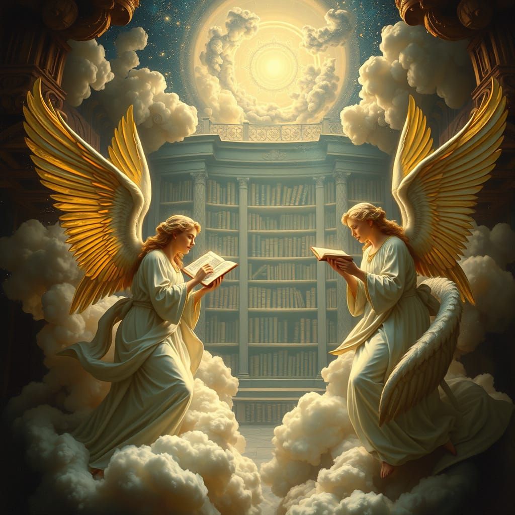 Celestial Library in Renaissance Style, with Serene Angels C...