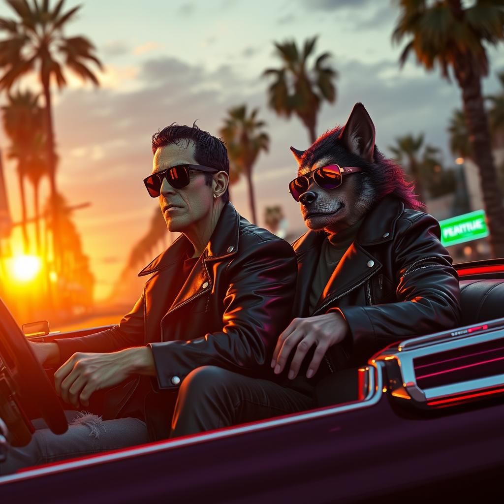 Frankenstein and Werewolf Cruise Sunset Boulevard in Synthwa...