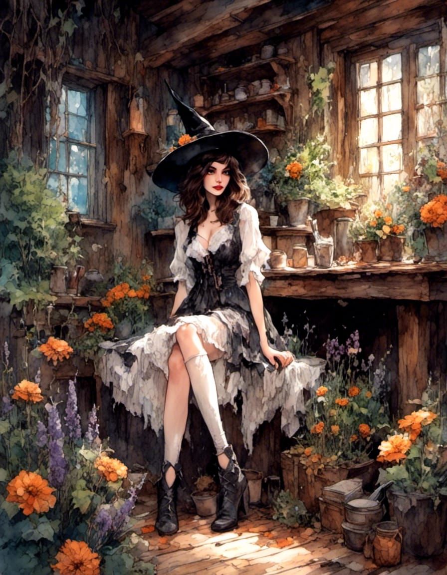 Fantasy Witch in Forest Cabin Gouache Painting