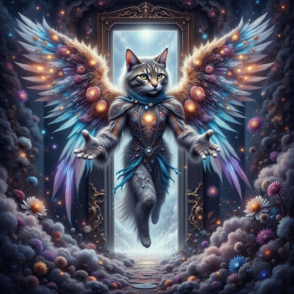 Winged Feline Angel in Mystical Elevator