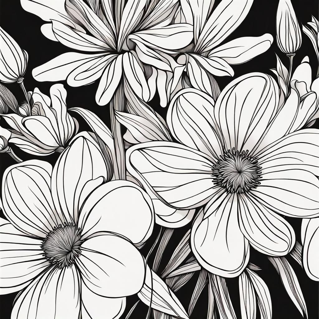 Intricate Line Art Flower Bouquet in Monochrome