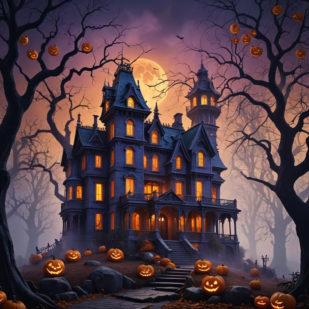 Surreal Haunted Halloween Mansion in Dark Forest