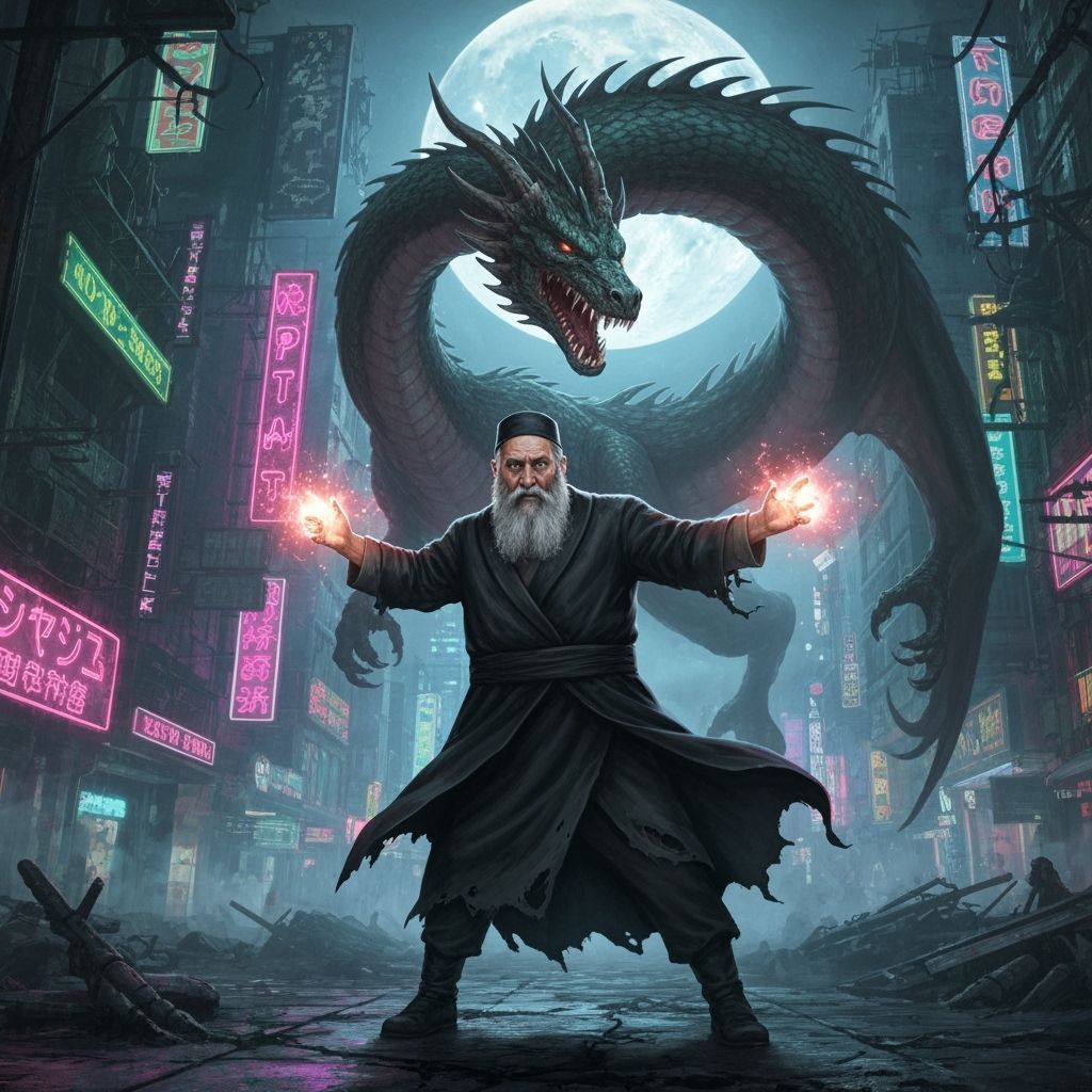 Cyberpunk Rabbi vs Bioluminescent Dragon