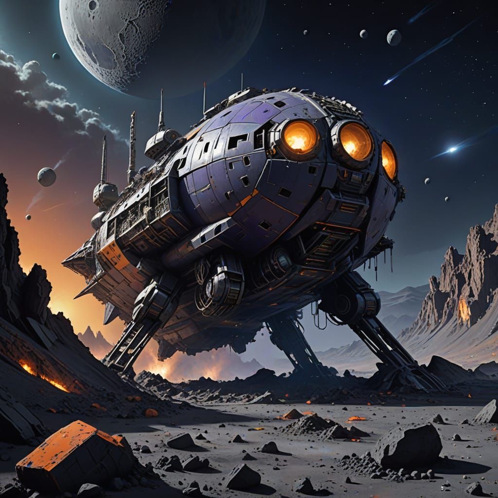 Futuristic Space Ship Crashes on the Lunar Surface