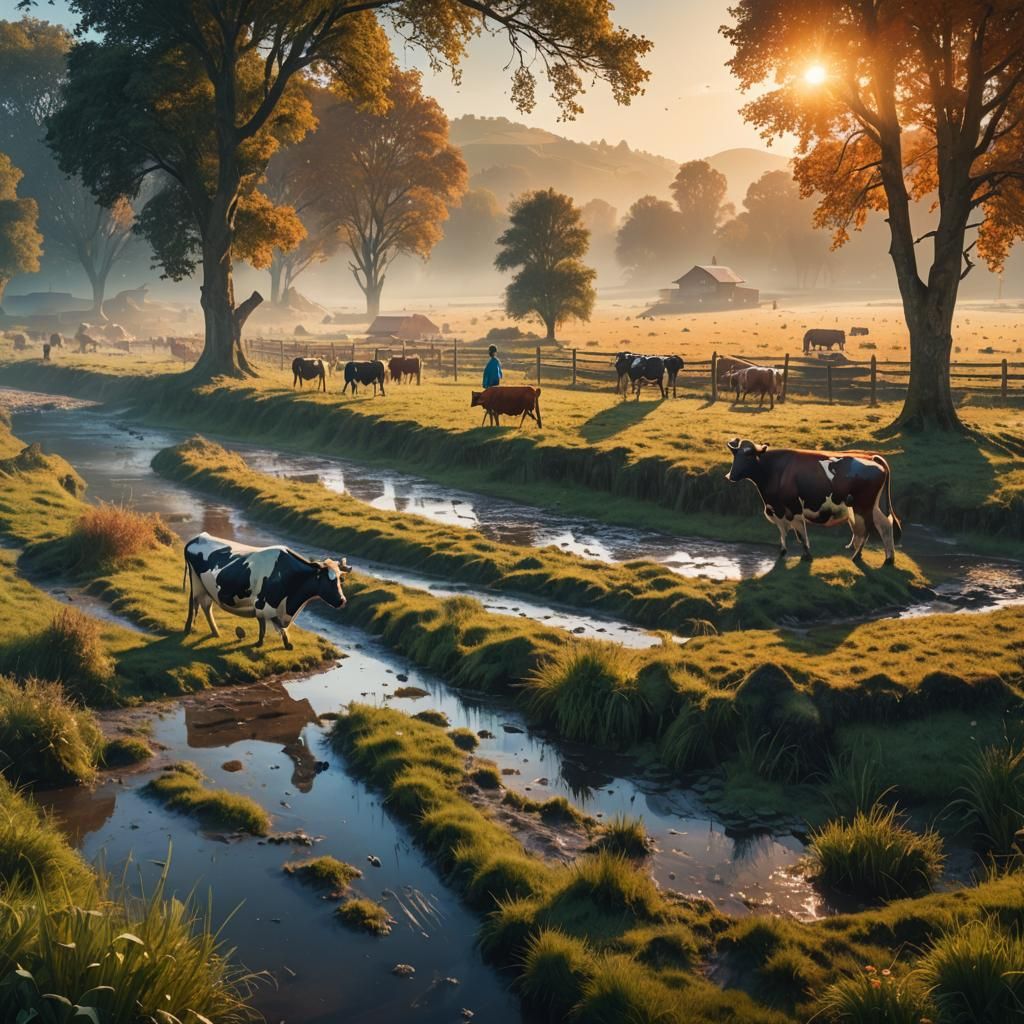 Idyllic Sunrise on Country Farm: Fantasy Concept Art