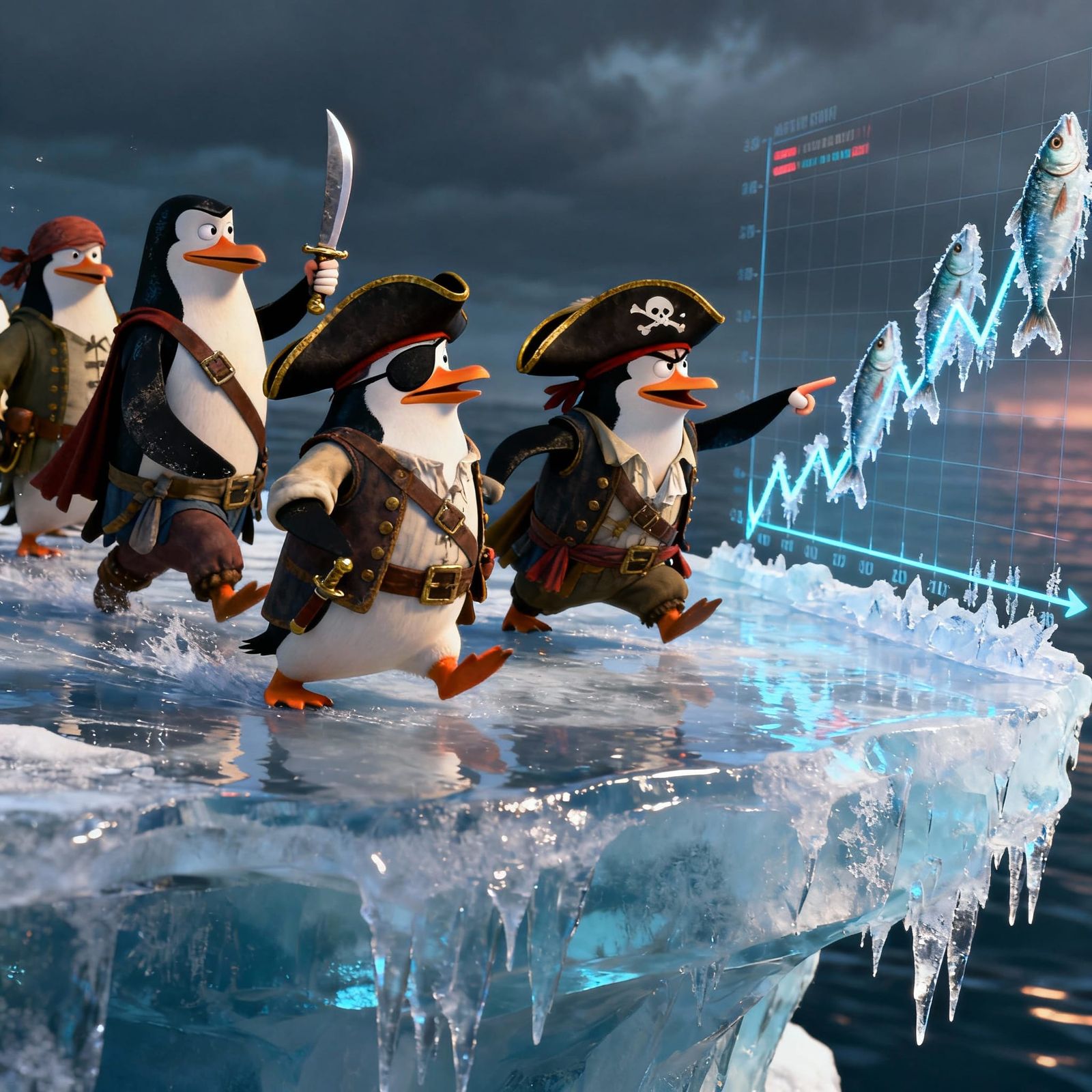 Penguins in Pirate Costumes Trade Stocks on Ice Floe