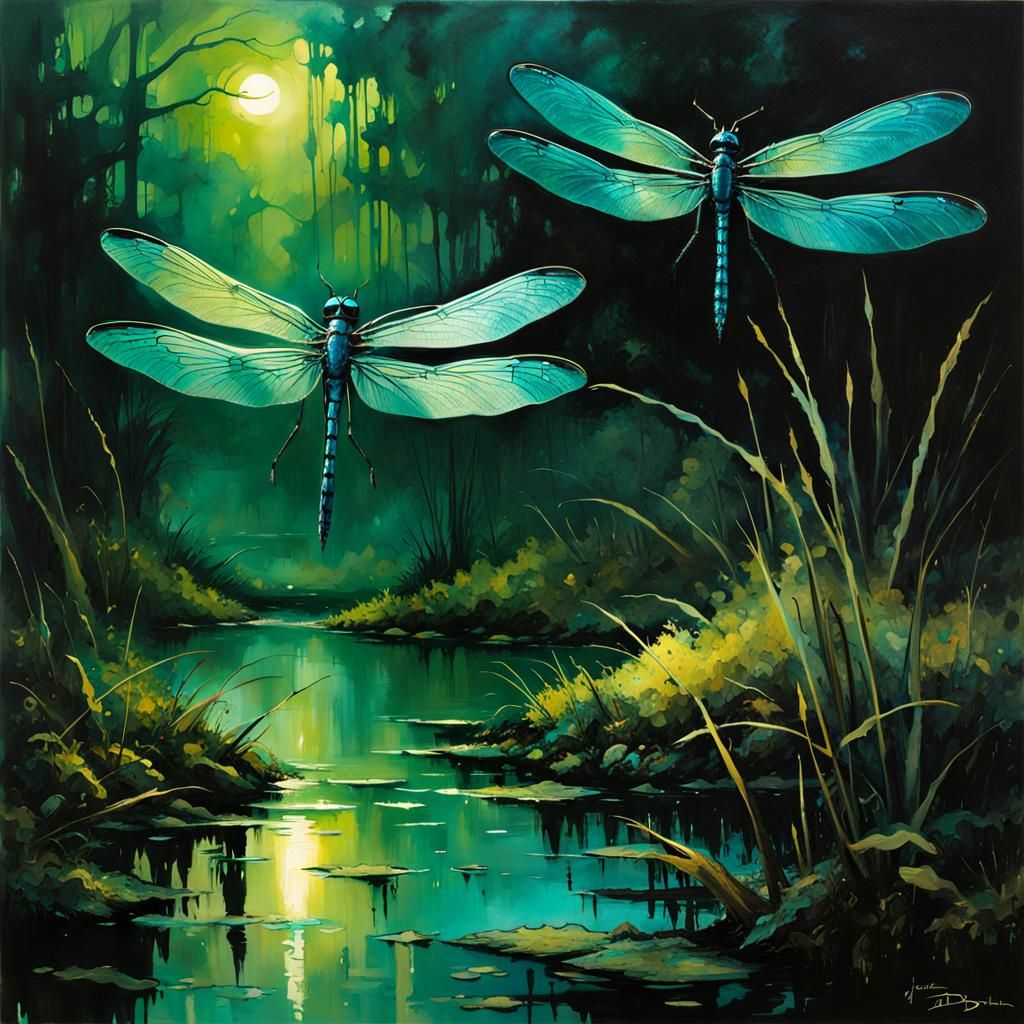 Glittering Dragonflies in Bioluminescent Swamp, Surreal Spla...