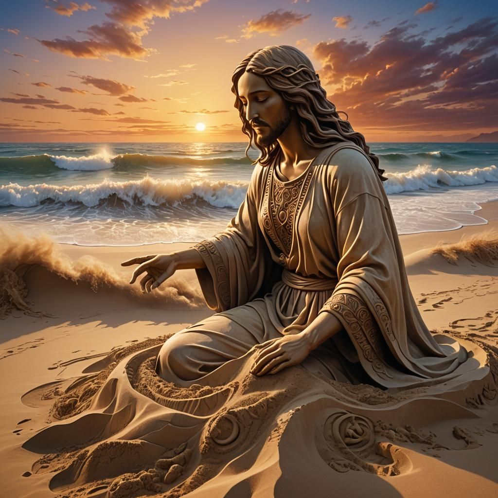 Woman's Beach Sand Sculpture of Jesus: Airbrush Art