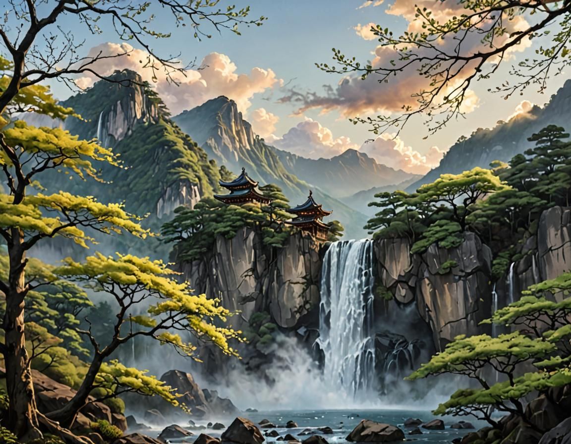 Japanese Temple Sunrise: Oil Painting
