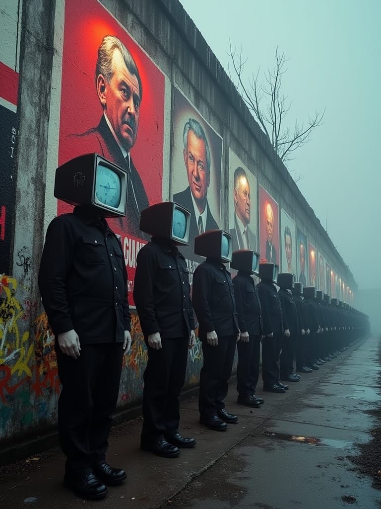 1970s Neon Wall With Fascist Posters and TV-Headed Figures