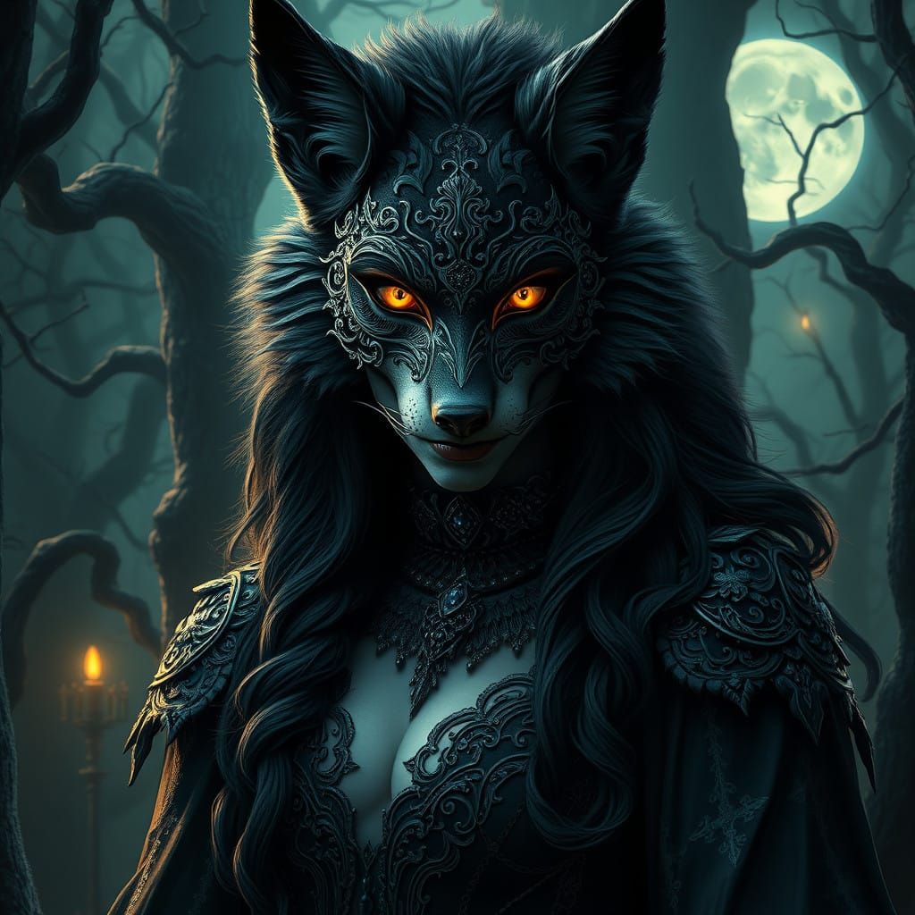 A Seductive Female Vampire Wolf Confronts the Viewer in a Ha...