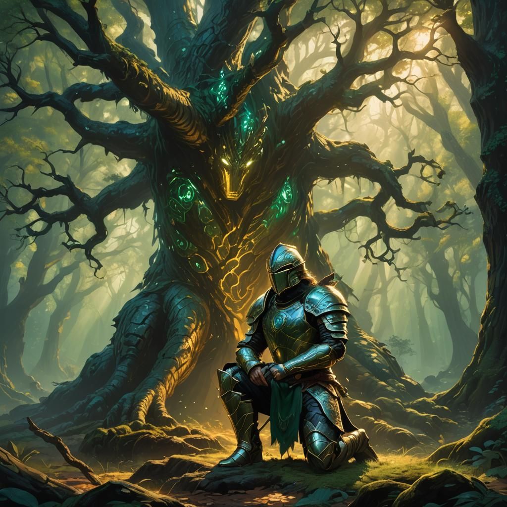 Armored Warrior Before a Mystical Tree: Fantasy Art