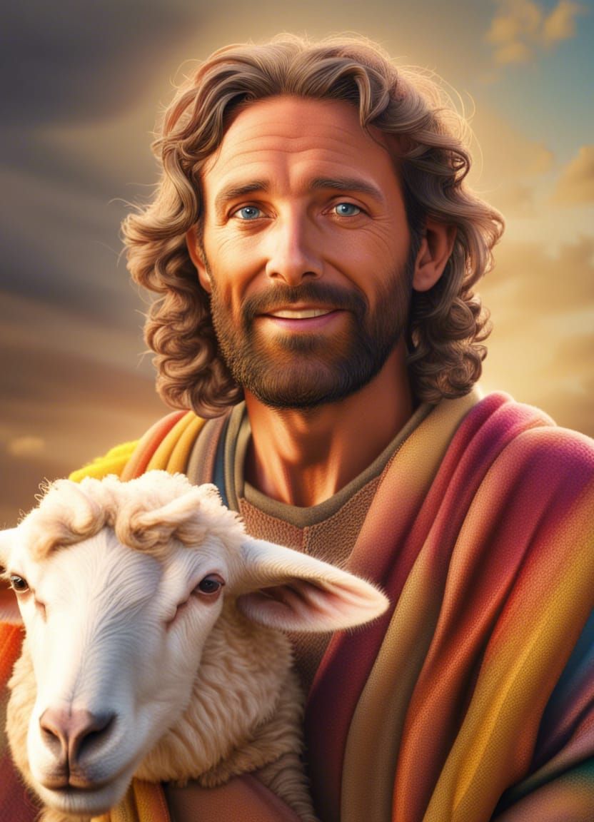 Radiant Good Shepherd with Sheep in Hyperrealistic Style