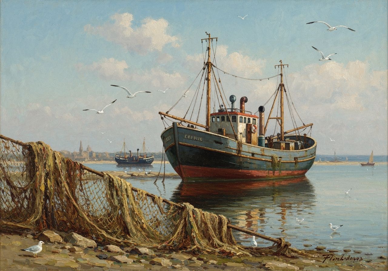 Old Trawler in Deserted Harbor Impressionist Painting
