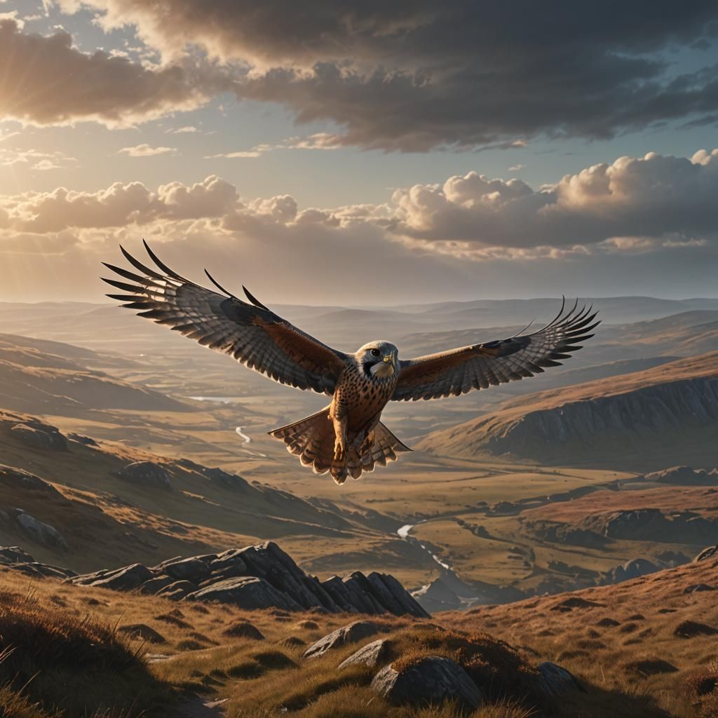 Kestrel Soaring Over Moorland: Detailed Matte Painting