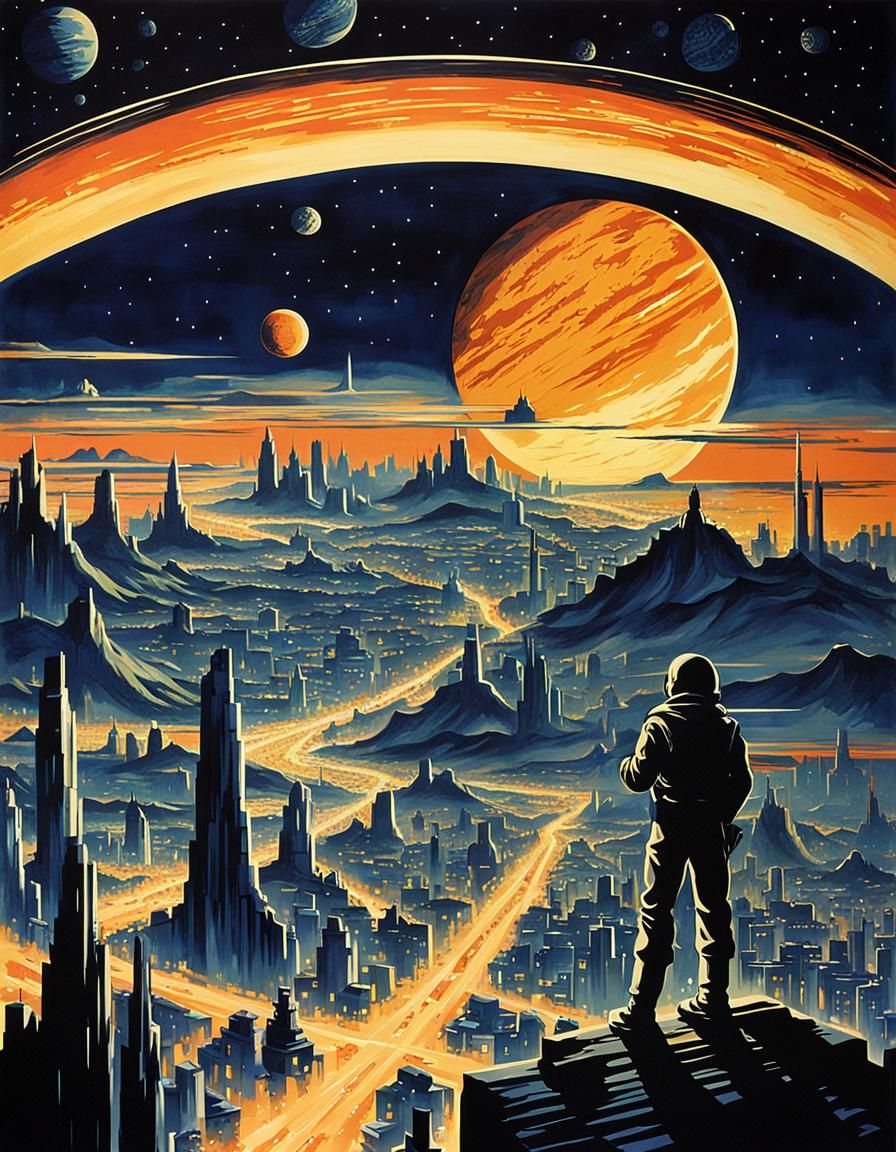 Retro Sci-Fi Cityscape Under Night Sky