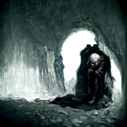 Lonely Figure at Cave Mouth in Horror Style