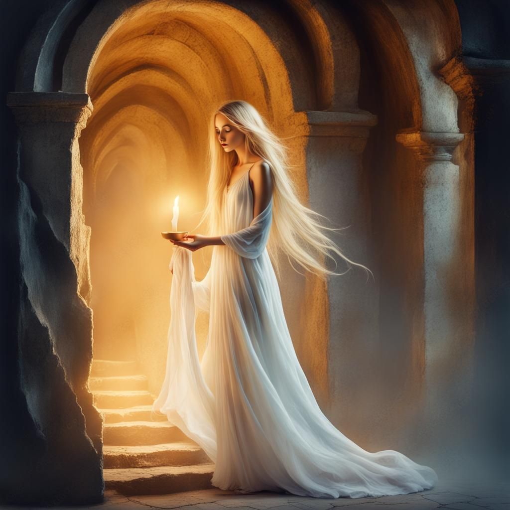 Mysterious Woman with Candle in Stone Passage