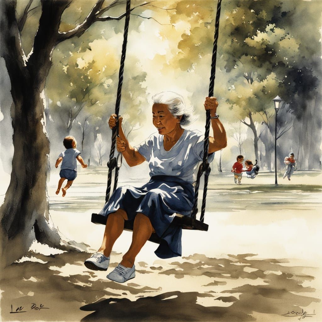 Mother Pushing Child on Swing in Sumi-e Style