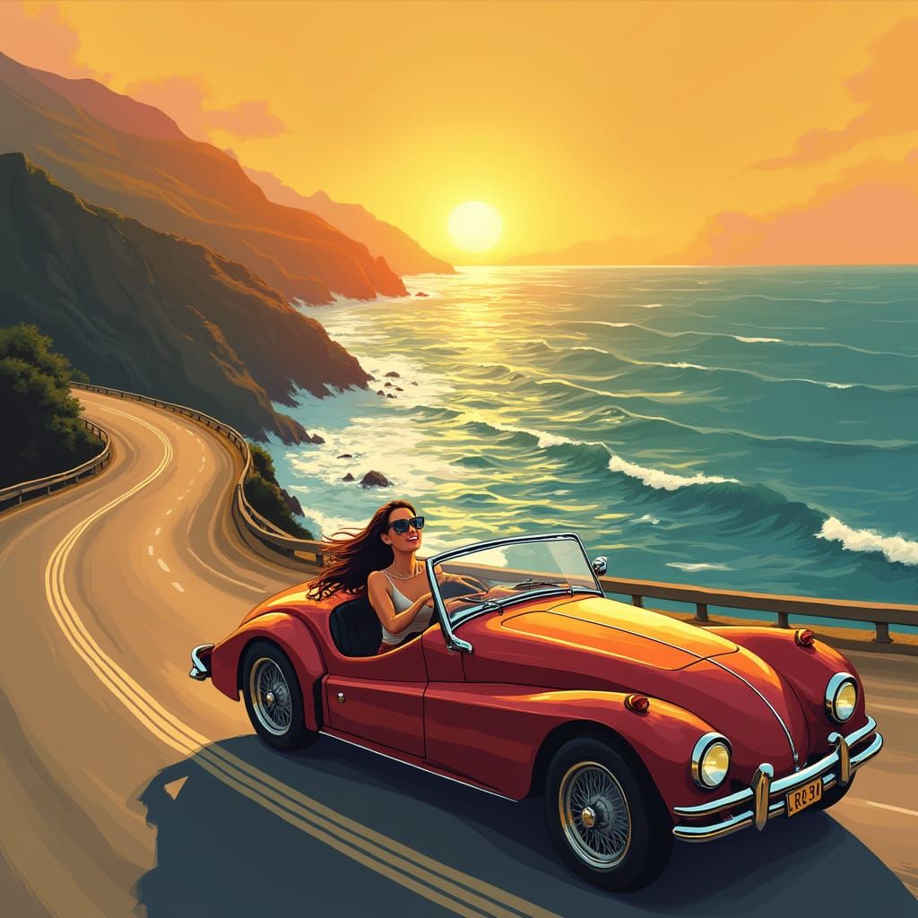 Vintage Convertible Coastal Highway Sunset in Art Deco Style