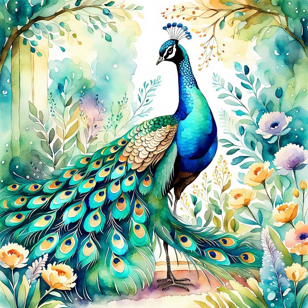 Watercolor Peacock in Vibrant Bohemian Garden