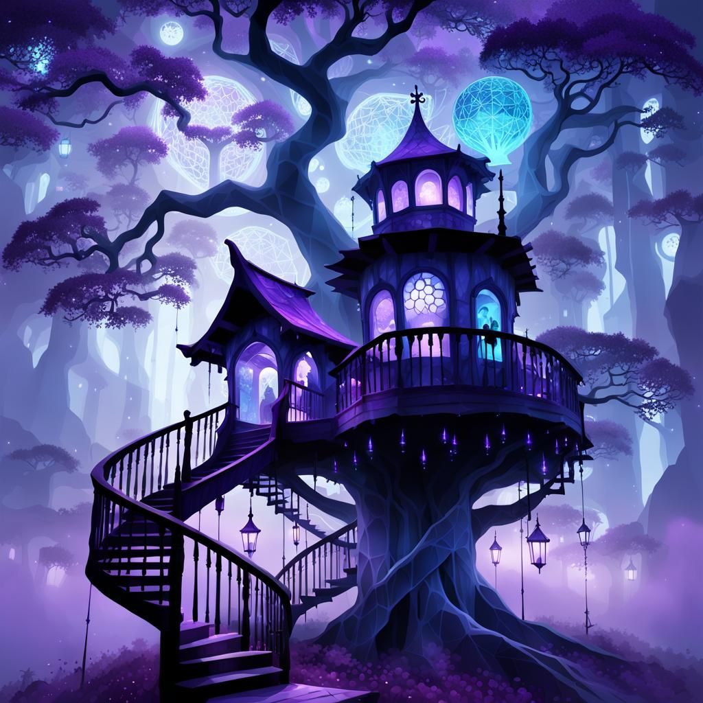 ethereal misty ghosts ascending the stairs haunted black night sky ethereal misty ghosts ascending the stairs, heavy fog...