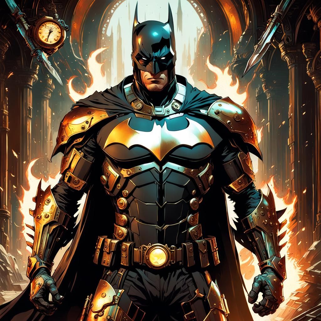 steampunk batman, inside glowing magical flames