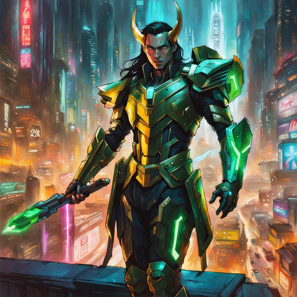Loki in Cyberpunk Robotic Armor