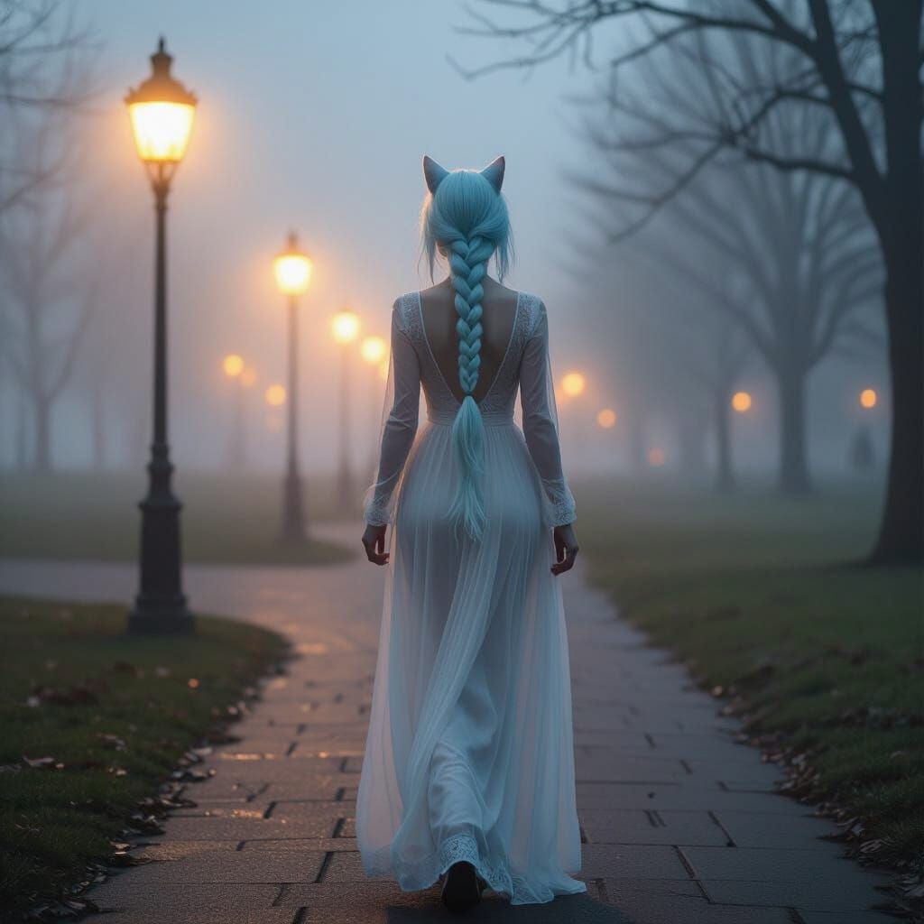 Night Walk: Woman with Cat Ears in Foggy Park