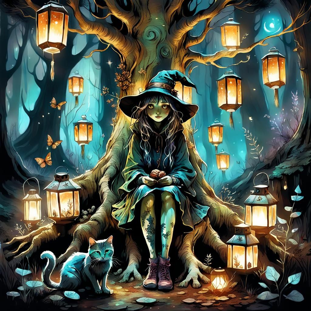 Enchanting Witch Girl and Cat in Forest