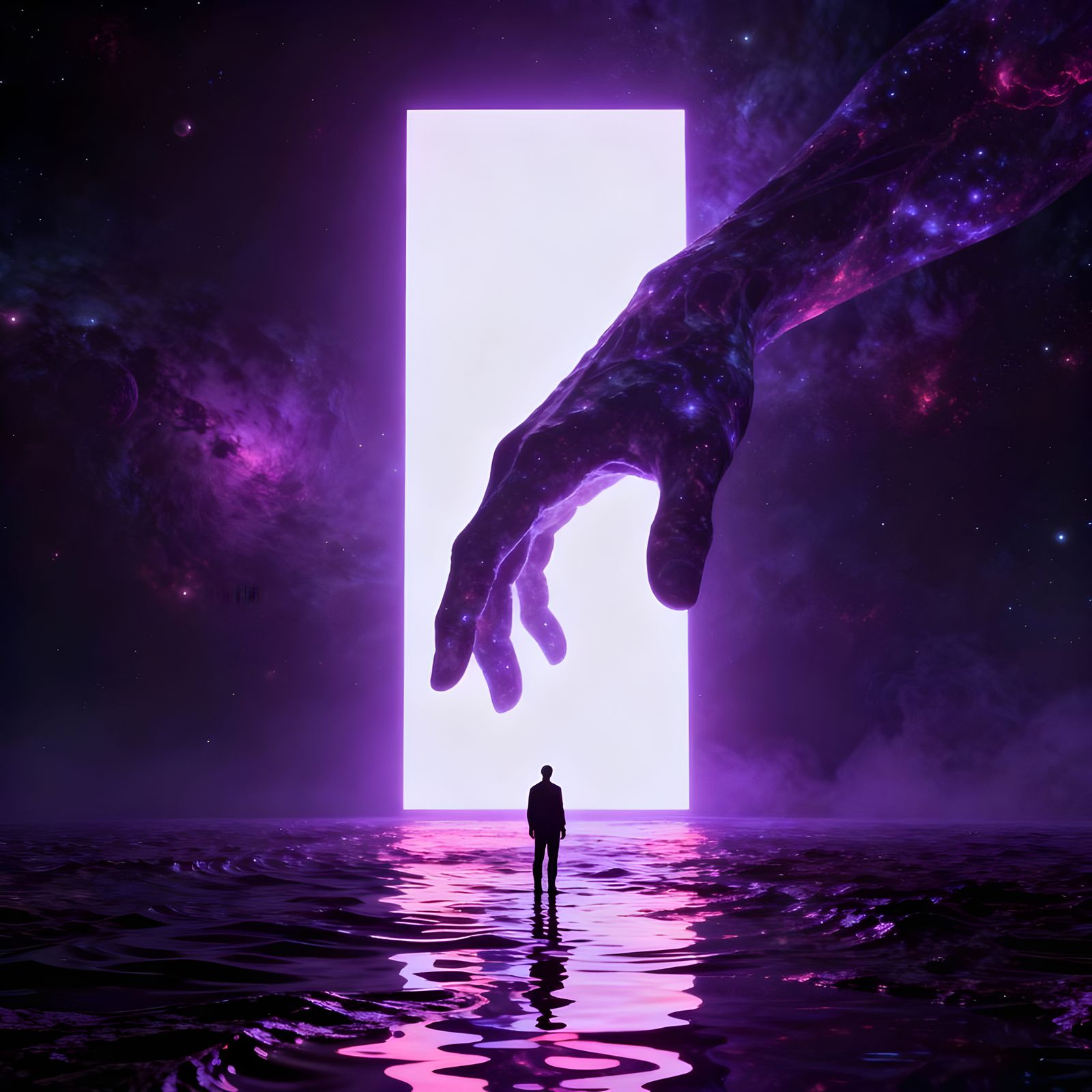 Cosmic Hand Reaches for Figure by Glowing Portal
