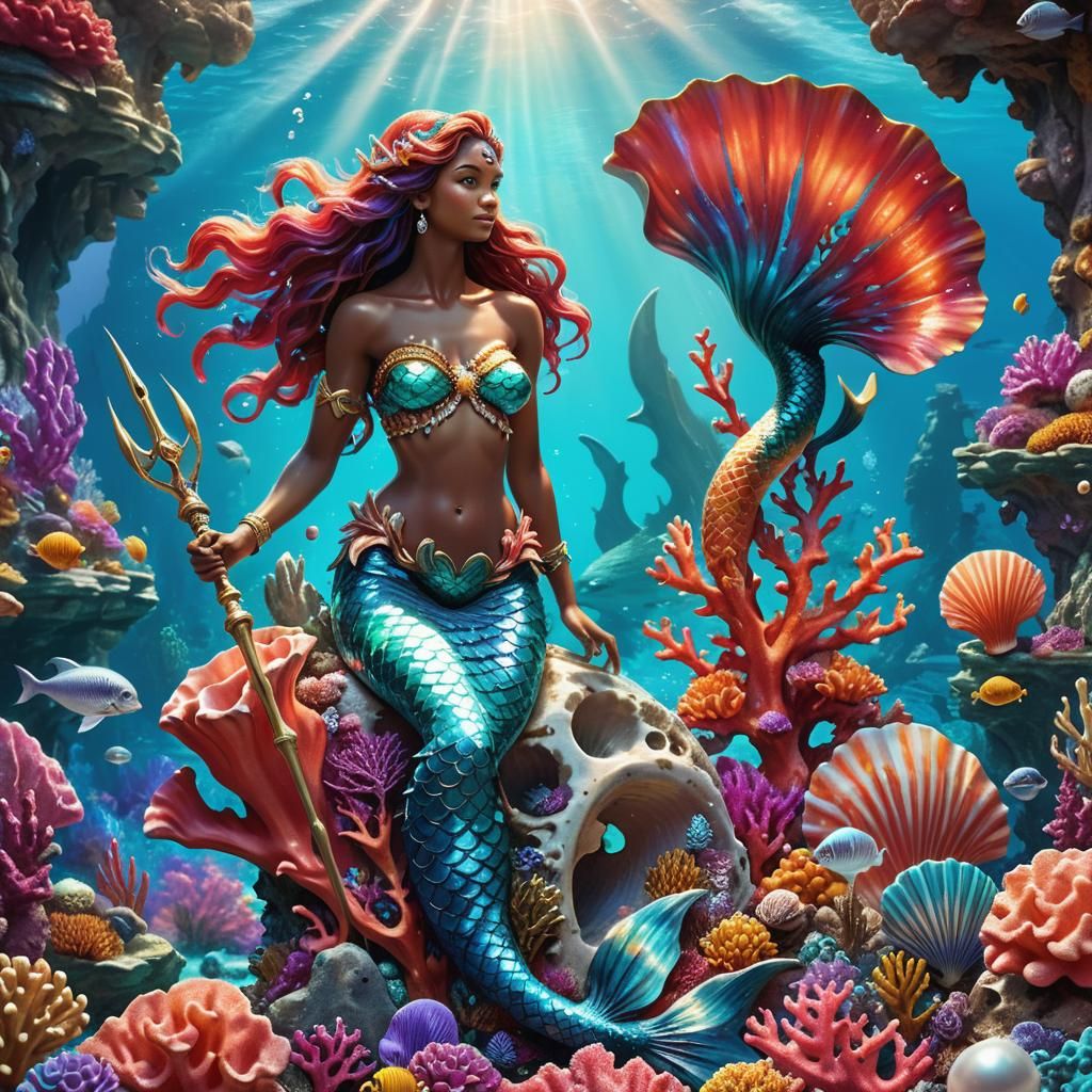 Mermaid in Atlantis with Poseidon: Hyperrealistic Concept Ar...