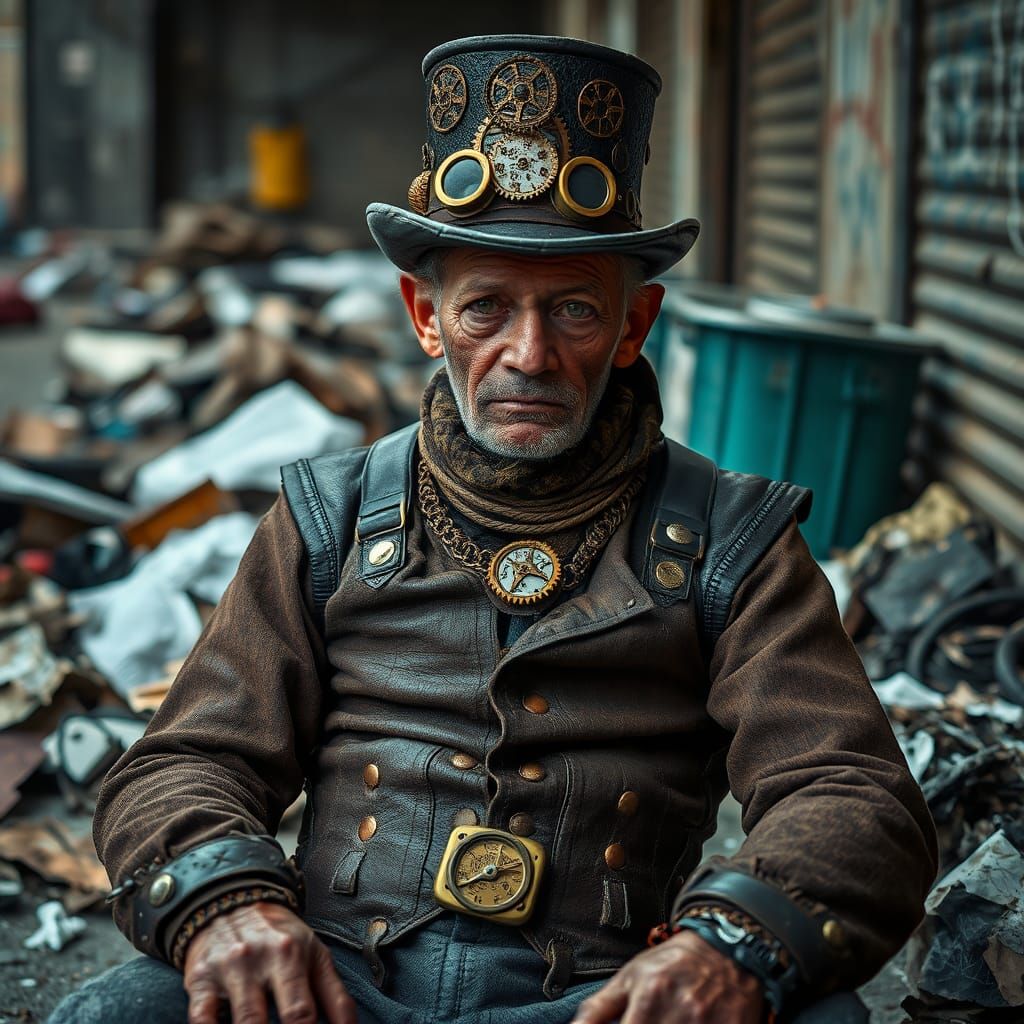 Steampunk Homeless Man in Gritty Urban Setting