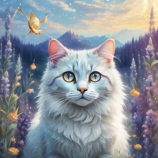 Pastel Anime Goddess with Soft Blue Cat Ears and Gentle Smil...