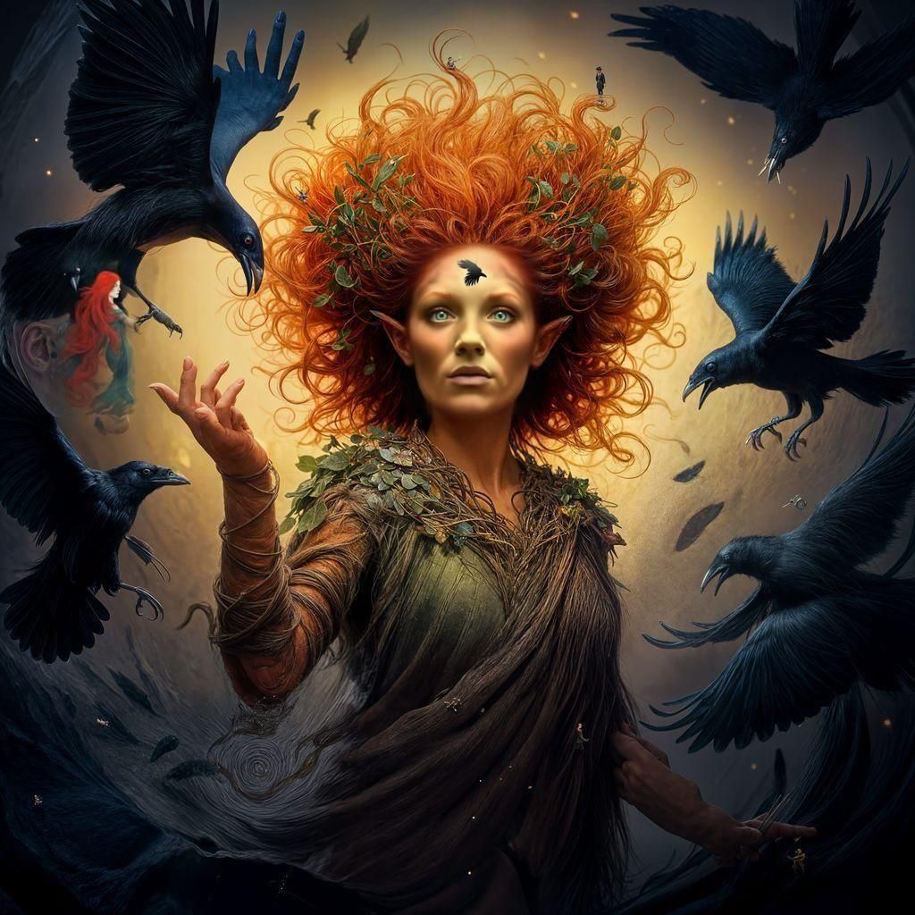 Red-Headed Earth Elemental Spirit with Ravens