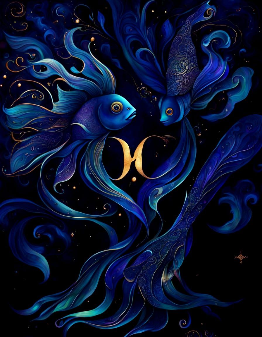 Ethereal Pisces Zodiac Artwork with Intricate Fish Designs