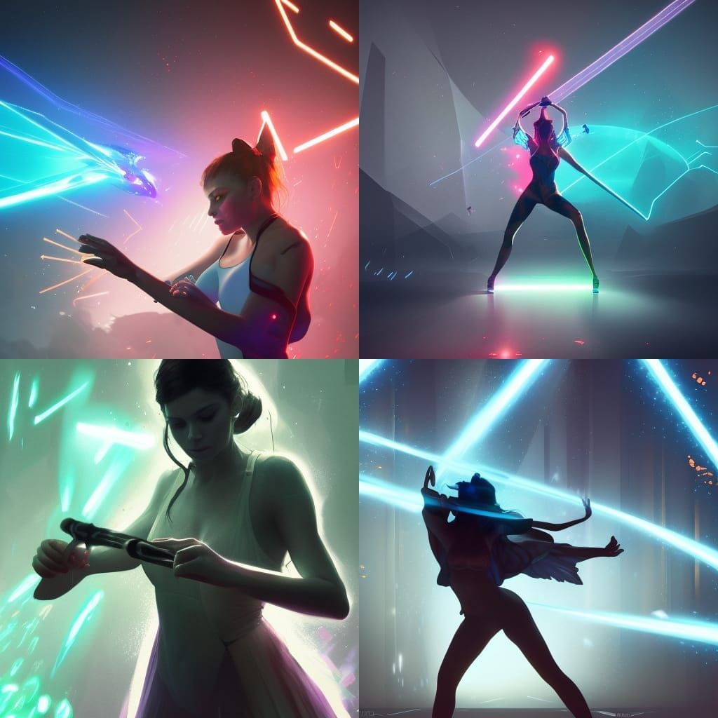Butterfly Woman Plays Beatsaber in Dark Fantasy Style