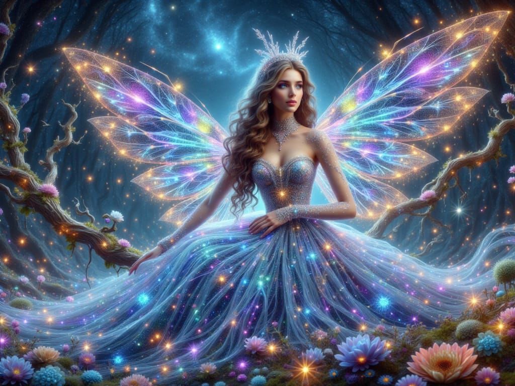 Ethereal Fairy Queen on Forest Throne in Digital Art