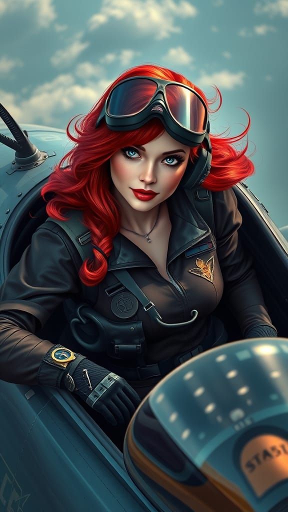 Redhead Air Force Pilot in Vintage Fighter Jet